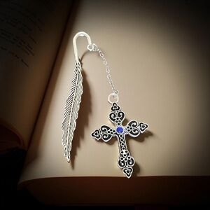 Handcrafted Silver Feather Bookmark with Filigree Cross & Blue Crystal